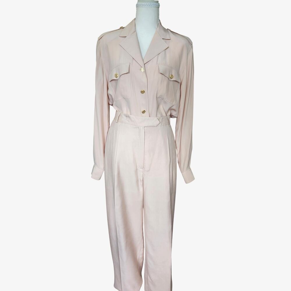 Vintage Starington 100% Silk 2 Pc Blush Pink Set Straight Leg Pants Blouse 10 12